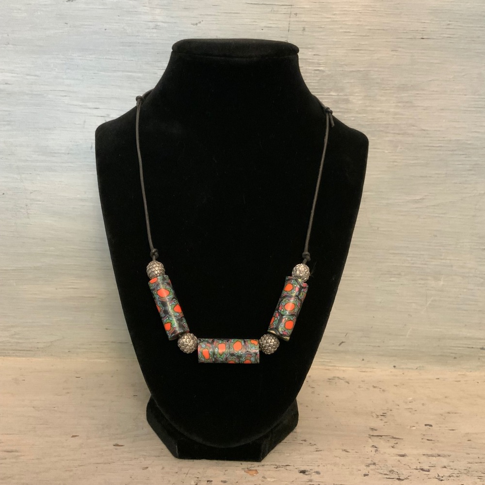 Vibrant Multicolor Clay Millefiori Beaded Statement Necklace Good Condition